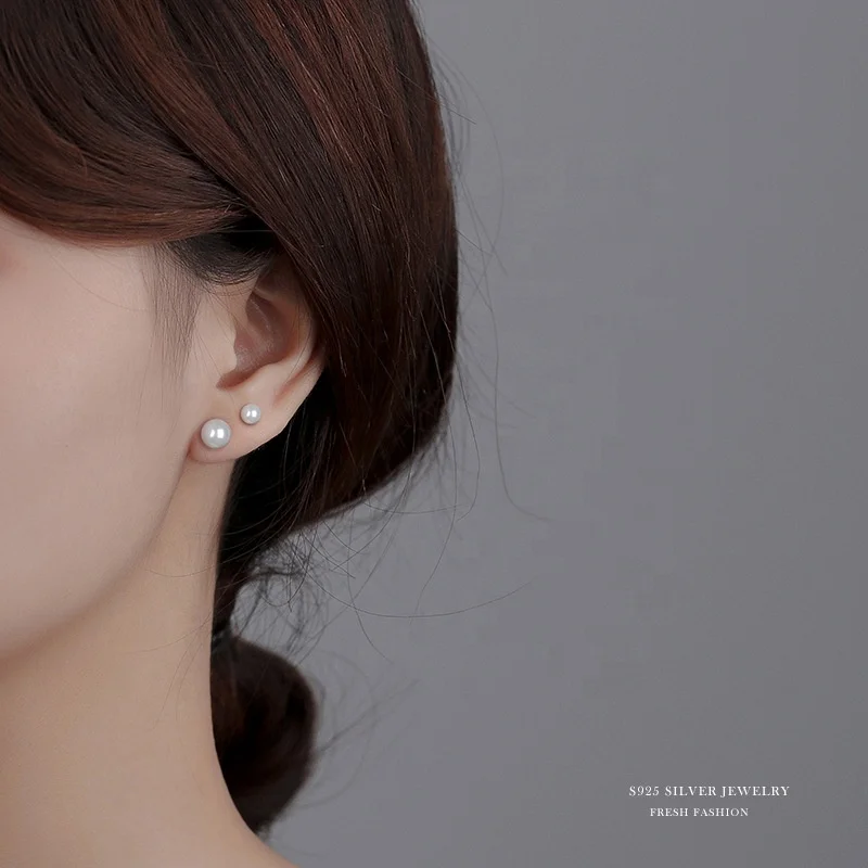 Classic 925 Sterling Silver Girls Pearl Fine Jewelry Rhodium Plated Freshwater Pearl Stud Earrings for Women