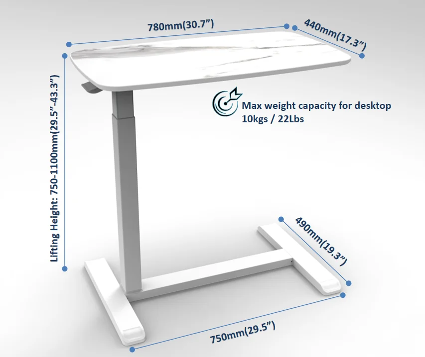 Hot sale modern ergonomic office sit stand mobile pneumatic adjustable square tube bedside desk standing single leg