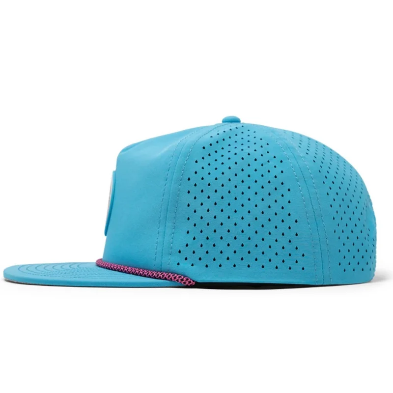 Soft Top Flat Brim Custom Rubber Patch Nylon Rope Golf Waterproof Unstructured 5 Panel Running Snapback Hat with rope