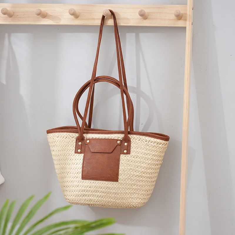 Niyang new design summer beige color handmade weaved large tote leather shoulder strap women handbag paper straw basket