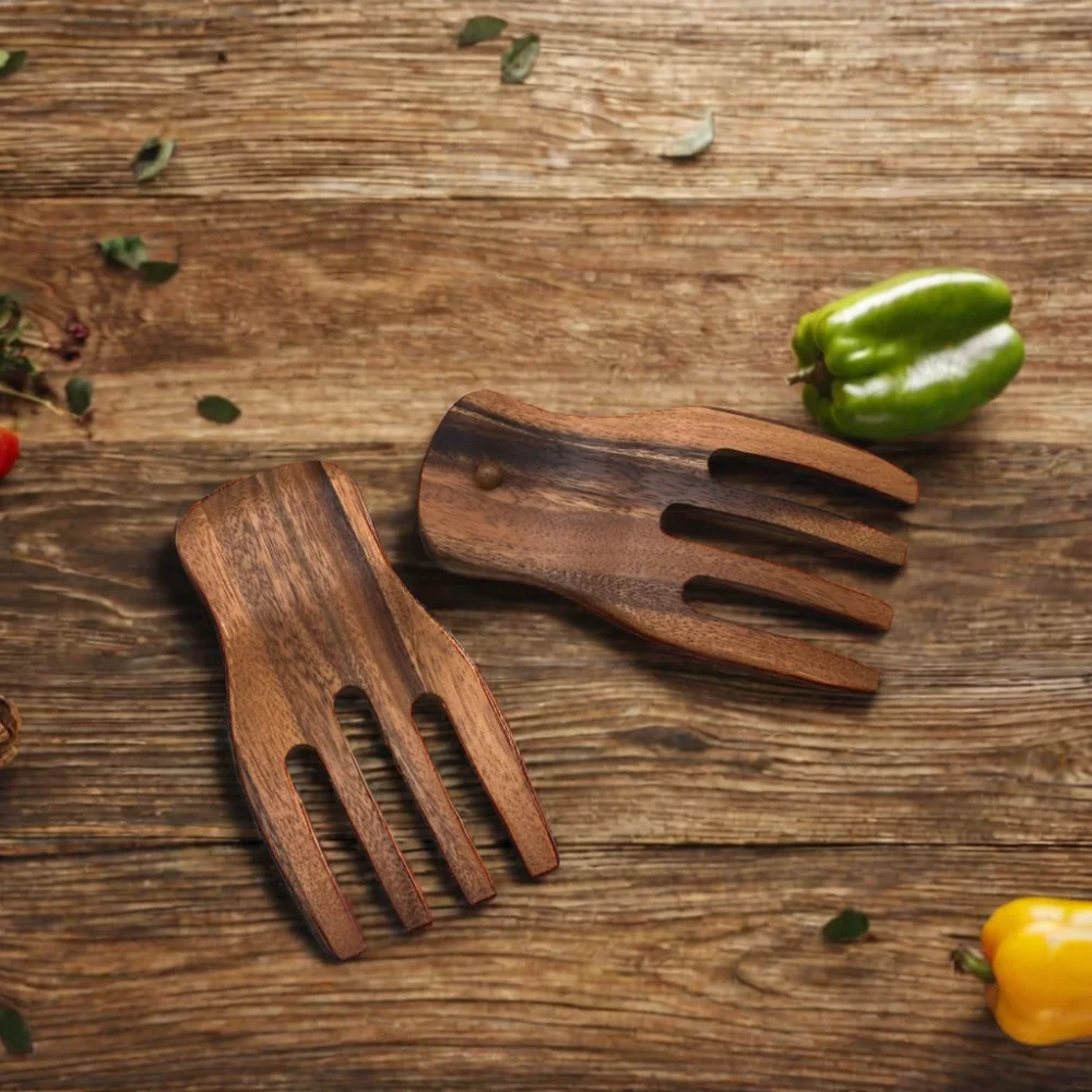 Factory Custom Acacia Wooden Salad Fork and Two-Spoon Set Natural Wood Serving Utensil for Salads
