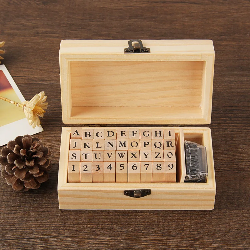 Creative Stationery Retro Alphabet English Number Letter Wooden Box DIY Decorative Stamp