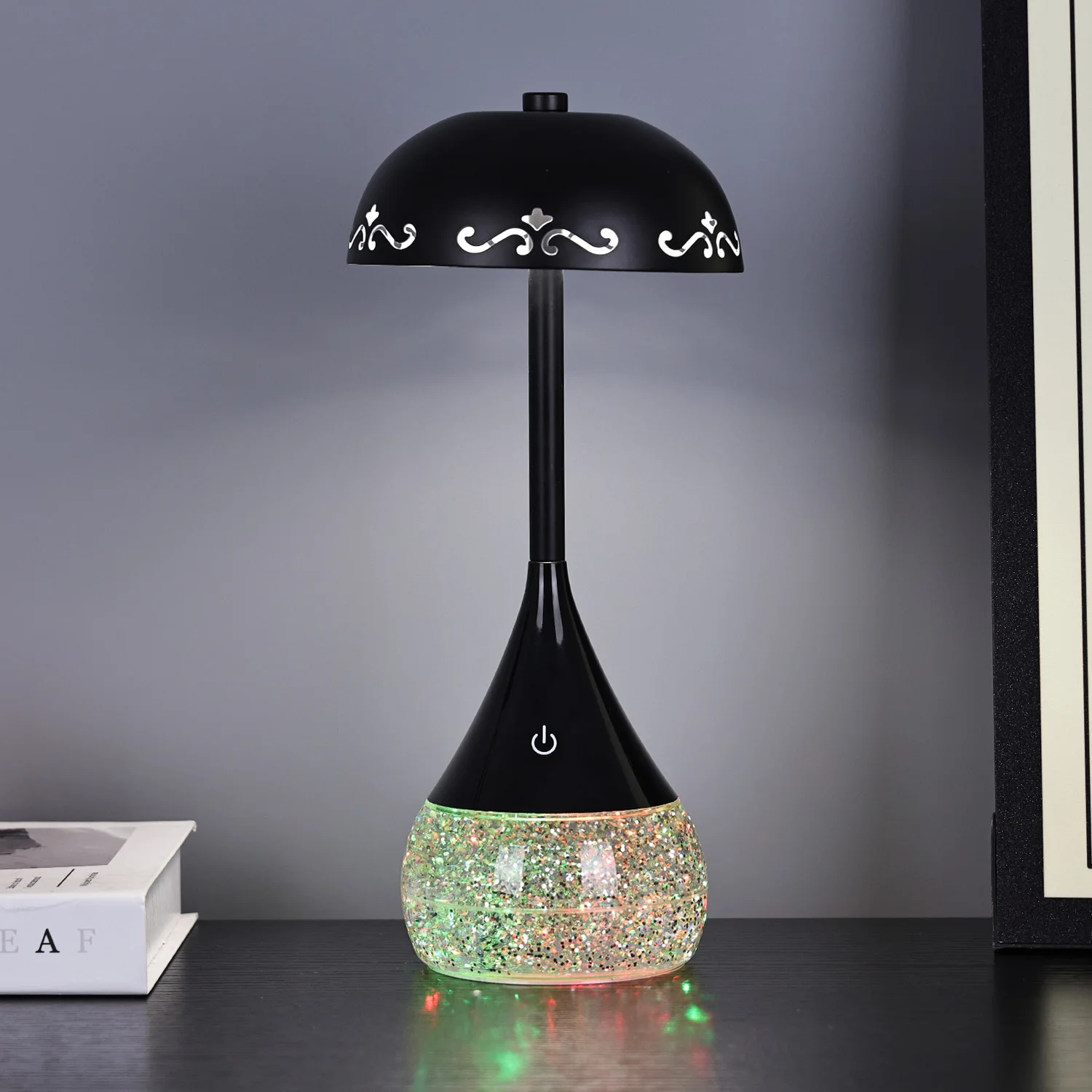 Luxury warm light cold light dimmer brightness RGB glitter liquid decor bedside LED desk Lamp with umbrella shape