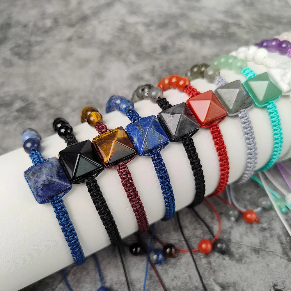 Unisex Gemstone Pyramid Diamond Charm Stone Beaded Bracelet 6mm Round Beads Braided Bracelet Stretch Bracelets Crystal Gift