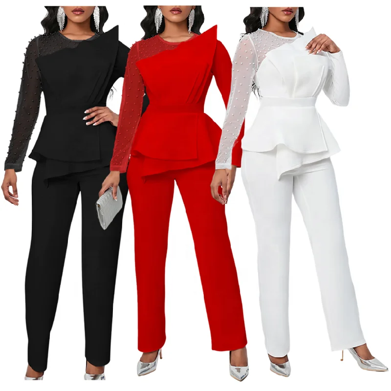 MD439 Fall Jumpsuit Women Elegant Long Sleeve Mesh Spliced Beaded Slim Banquet One Piece Jumpsuit For Women 2023