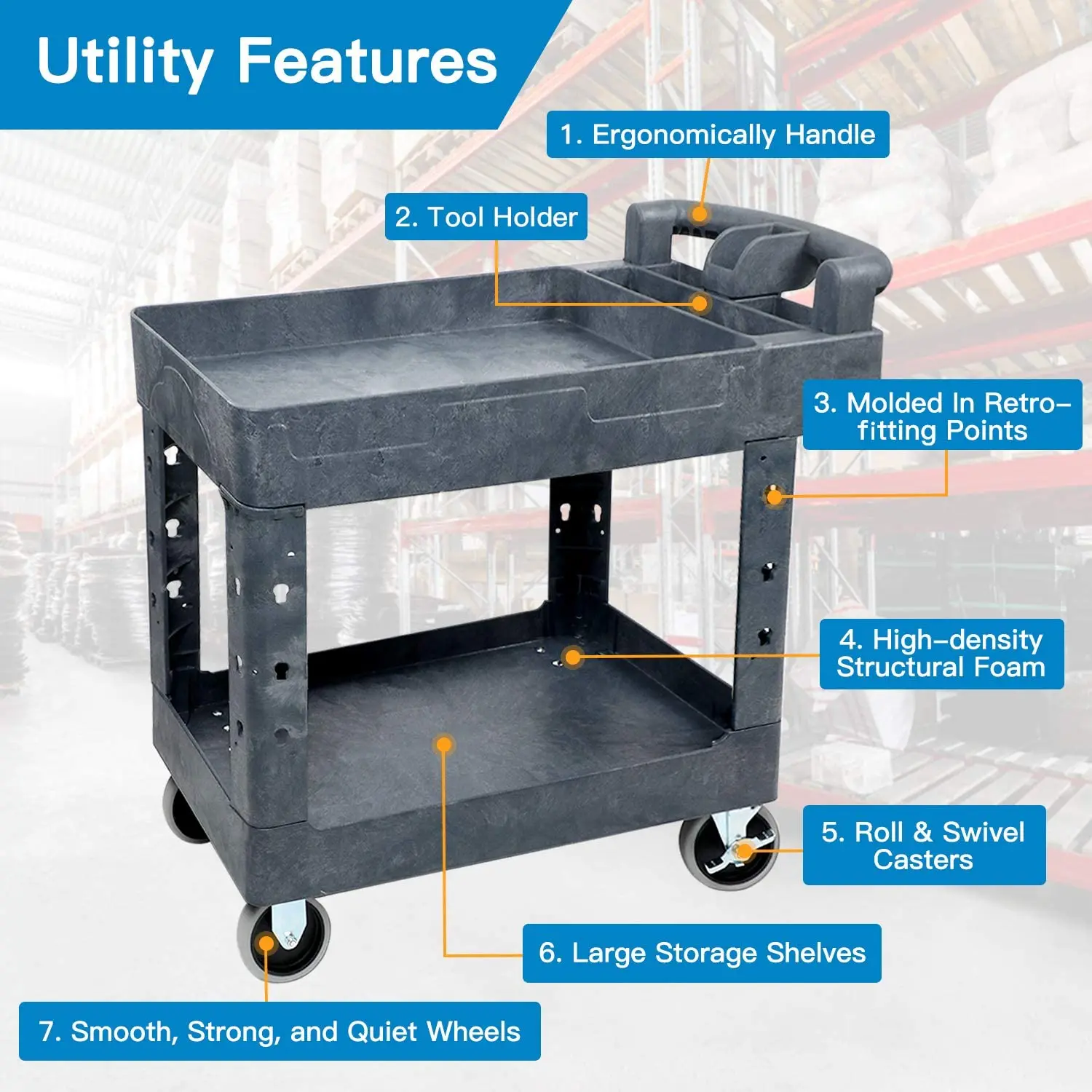 Eco-friendly Multifunctional Two Tray Handle 500lb Heavy Duty Plastic Utility Carts Service Trolley Rolling Tool Carts