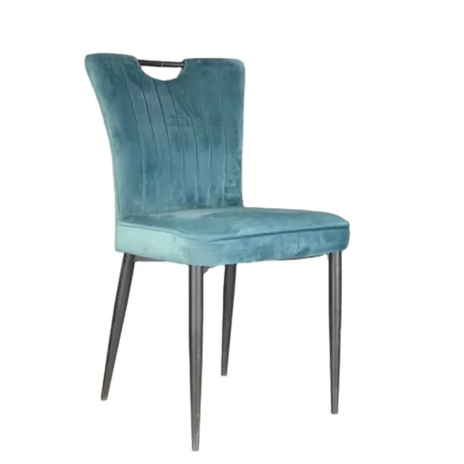 Turquoise velvet fabric upholstered kitchen dining chair with four metal legs