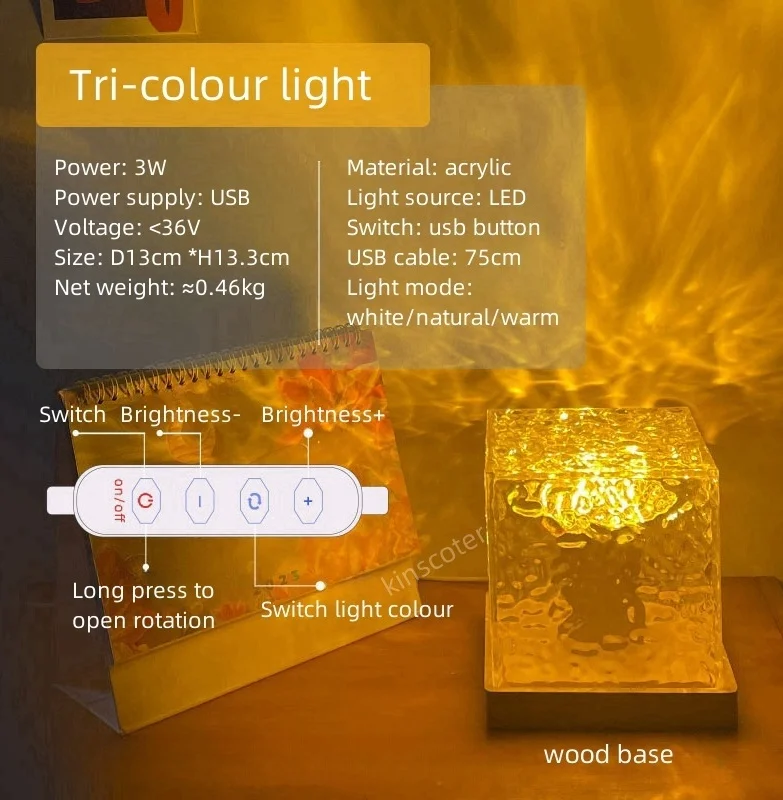 Bedroom Crystal Desk Light Water Ripple Pattern Projector Night Light Tricolor Usb Bedside Table Lamp