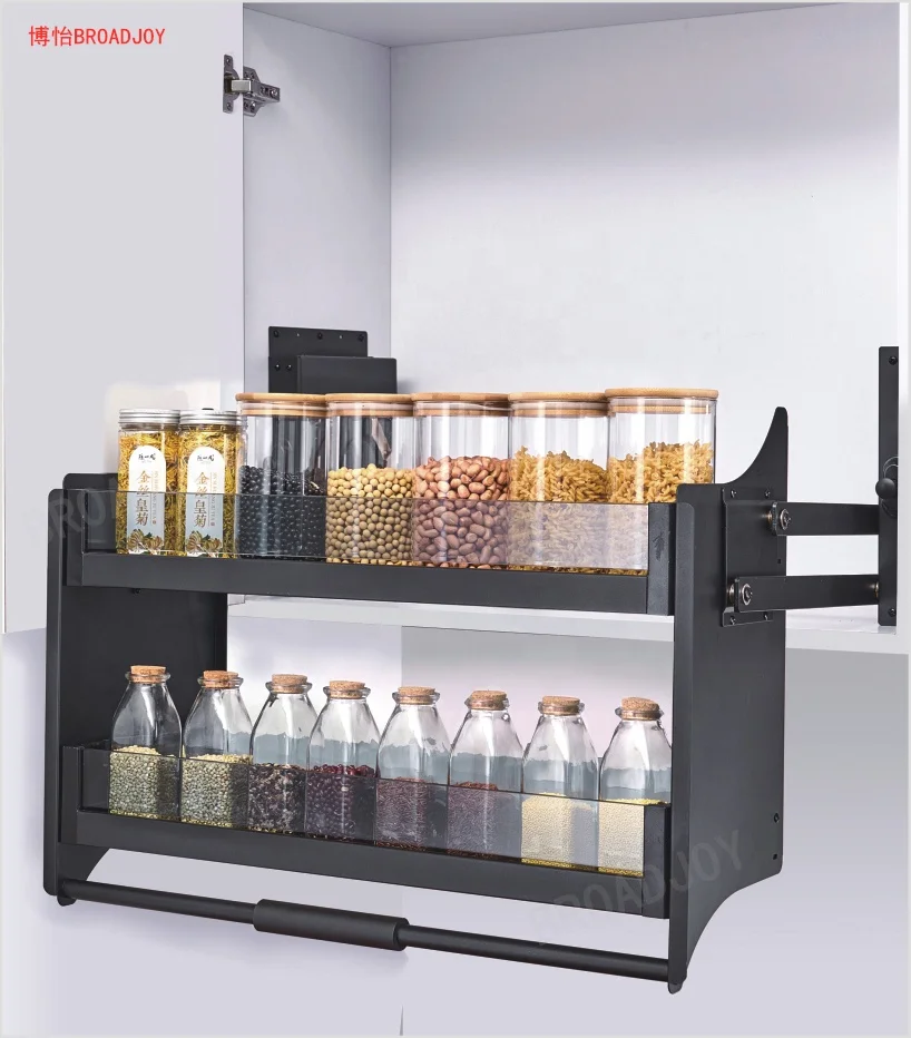 Modern kitchen shelves pull down utensil basket glass shelving unit