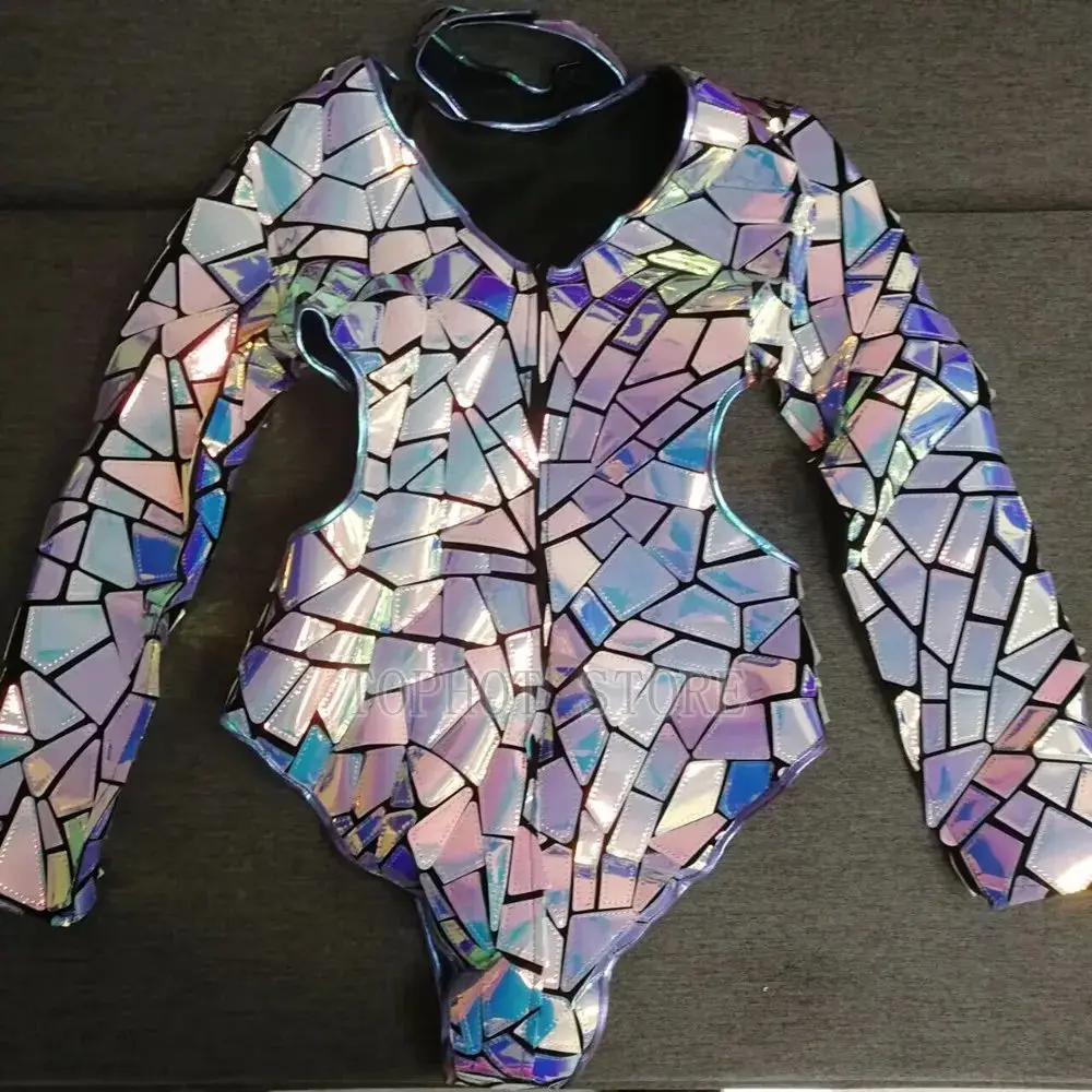 Purple Mirrors Bodysuit Cutout Strap Gogo Costume Women Dancer Jazz Dance Leotard Nightclub Party Sexy Performance Stage Wear