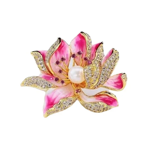 Chinese Style Rhinestone Pink Flower Brooch Pin Pearl Flower Lotus Designer Brooch For Women