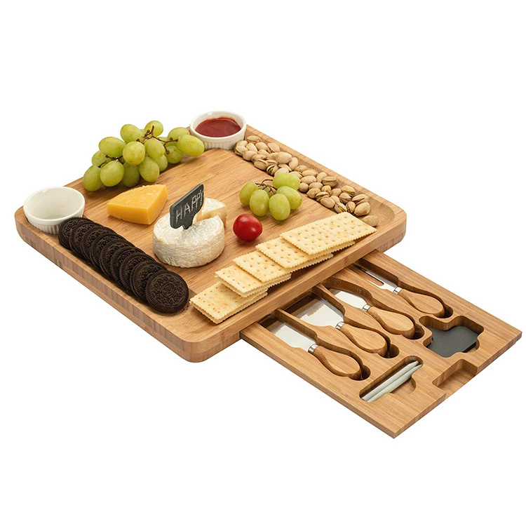Top Quality Charcuterie Platter Serving Tray Unique Bamboo Cheese Board Set With Cutlery Knife For Wine Cracker Brie And