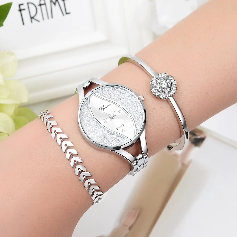 Luxury Ladies Watch Iced Out Watch Quartz Crystal Diamond Classic Fashion Romantic Jewelry Cuff Bracelet Watch Set