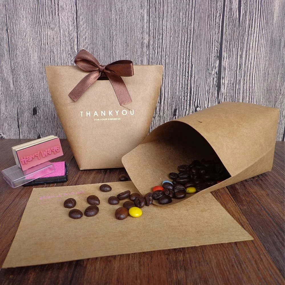 Kraft Paper Luxury Ribbon Gift Candy Chocolate Bag  With Gold Stamping Hot Foil Paper Bag For Gift
