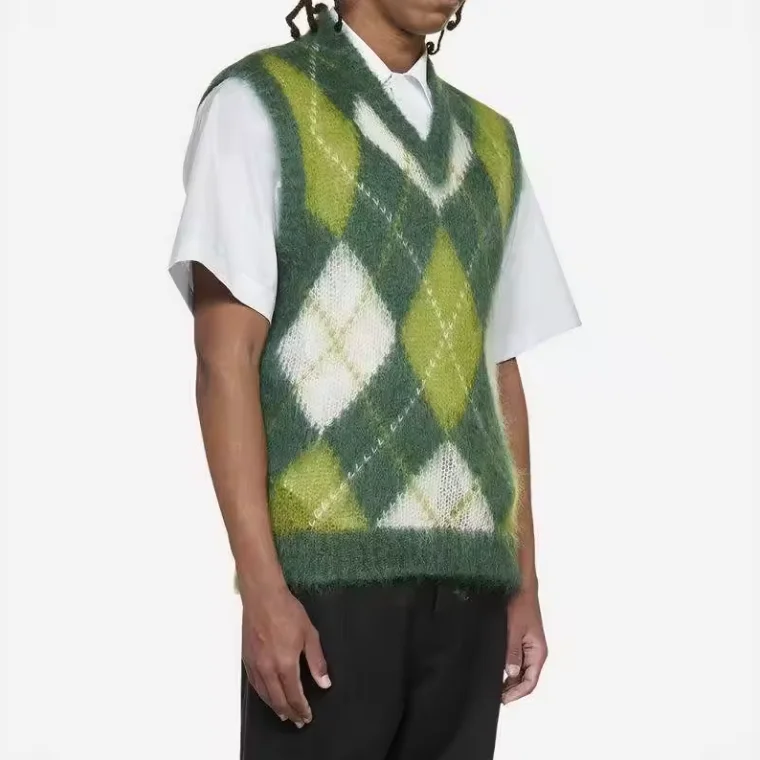 Custom LOGO OEM & ODM mohair sweater vest pullover Jacquard Pattern Sleeveless knit top winter Fuzzy sweater vest for men