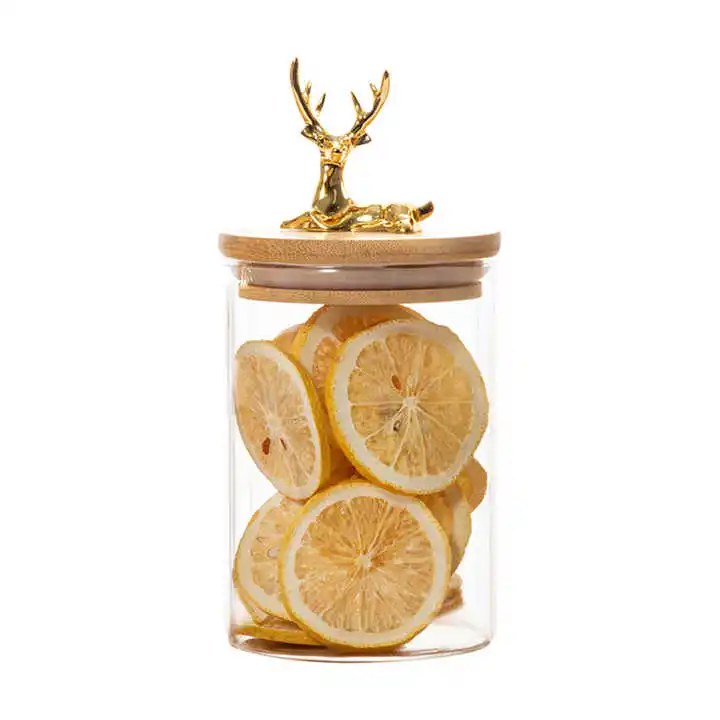 Wholesale High Borosilicate Glass with Bamboo Wood Lid with Elk Decoration Glass Jar Food Storage Glass Bottle Spice Storage