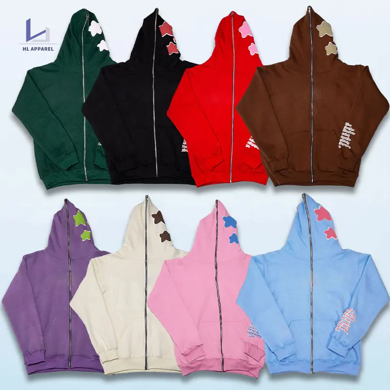 huili manufacturer oem unisex streetwear full face zip hoodie custom heavyweight 3d puff printing graphic hoodies for men