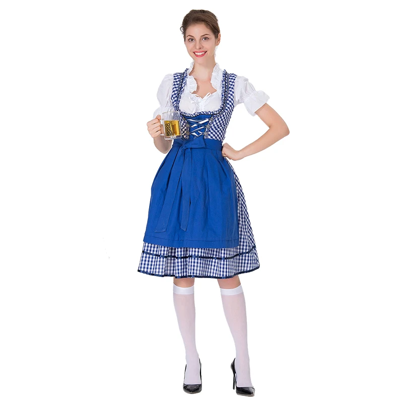 Traditional Clothing Plaid Dirndl Dress German Oktoberfest Outfit Adult Women Halloween Costume Cosplay Fancy Party