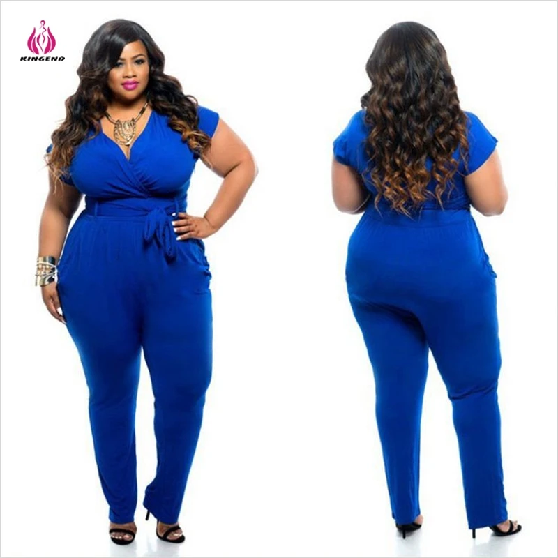 K2152 Wholesale Fashion V-Neck Short-Sleeved Solid Color Sexy Plus Size Jumpsuit Romper For Fat Women
