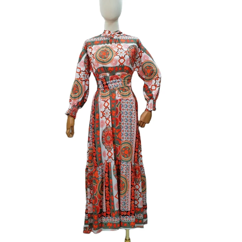 New Summer Round Collar printed Pleated Waist Dress Fashion Long Sleeve Elastic Cuff Islamic Maxi A-line Women Dresses Abayas