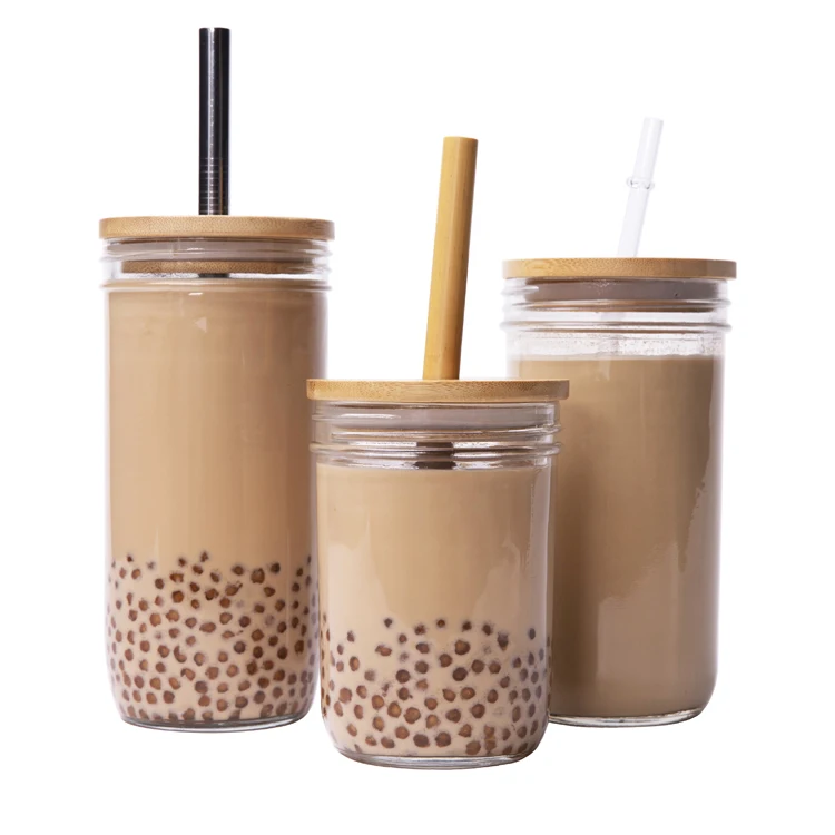 16oz 20oz 24oz Cold Brew Coffee Boba Tea Glass Mason Jar with Bamboo Lid and Straw