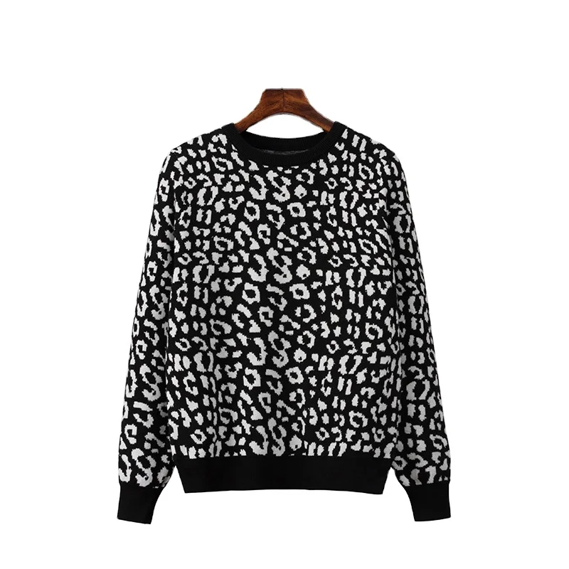 Autumn Winter Leopard Printed Sweater Women Fashion Loose O-neck Long Sleeve Top Warm Spell Color Sweaters Ladies Vintage Jumper
