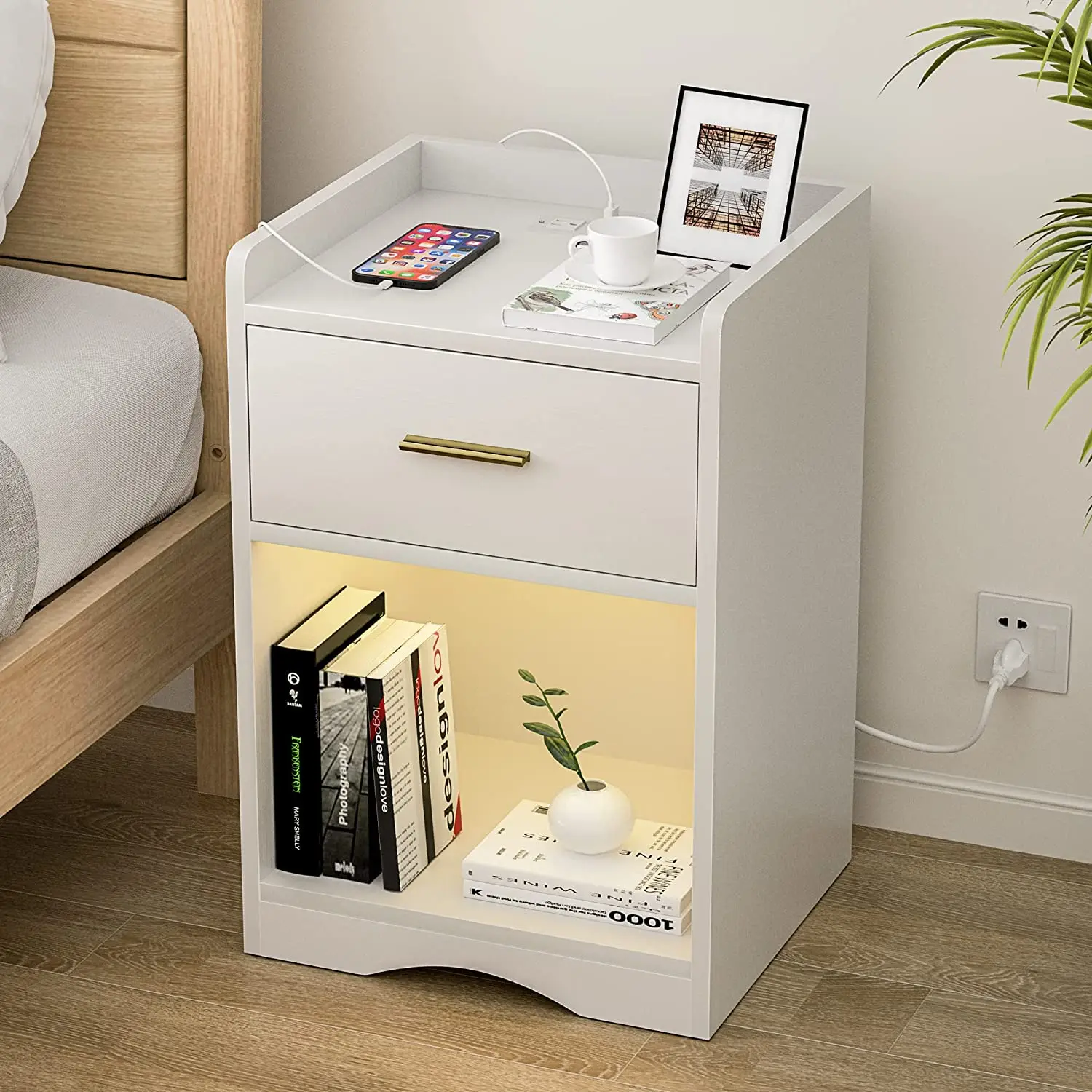 Led Nightstand with Charging Station Two Usb Ports and Outlets Bedside Table Home Furniture Package Bedroom Furniture White