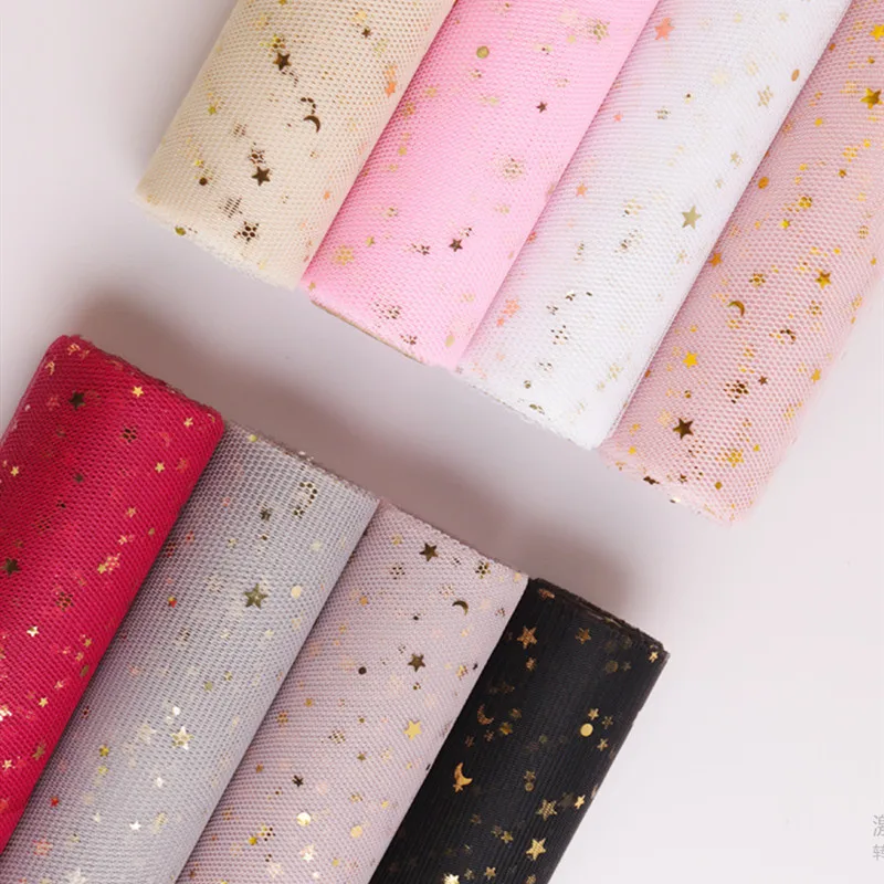 Hengcool Flower Decoration Wrapping Mesh 48*5Y Printed Gold Star Fabric Roll