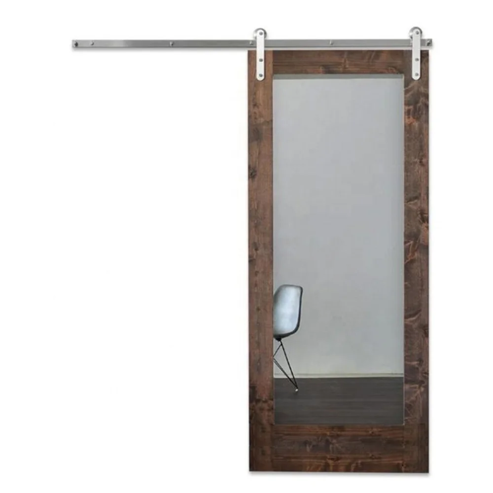 Elegant Mirror Wood Door Grey Painted Interior Bedroom Sliding Mirrored Barn Door With Hardware