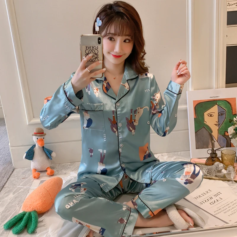 
Spring and autumn pajamas ladies cardigan simulation silk home service suit Oversized pajamas 