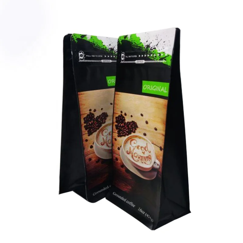 Bio Pla Biodegradable Black Coffee Bags With Valve And Zipper Custom Paper Packaging Flat Bottom Coffee Bean Bag