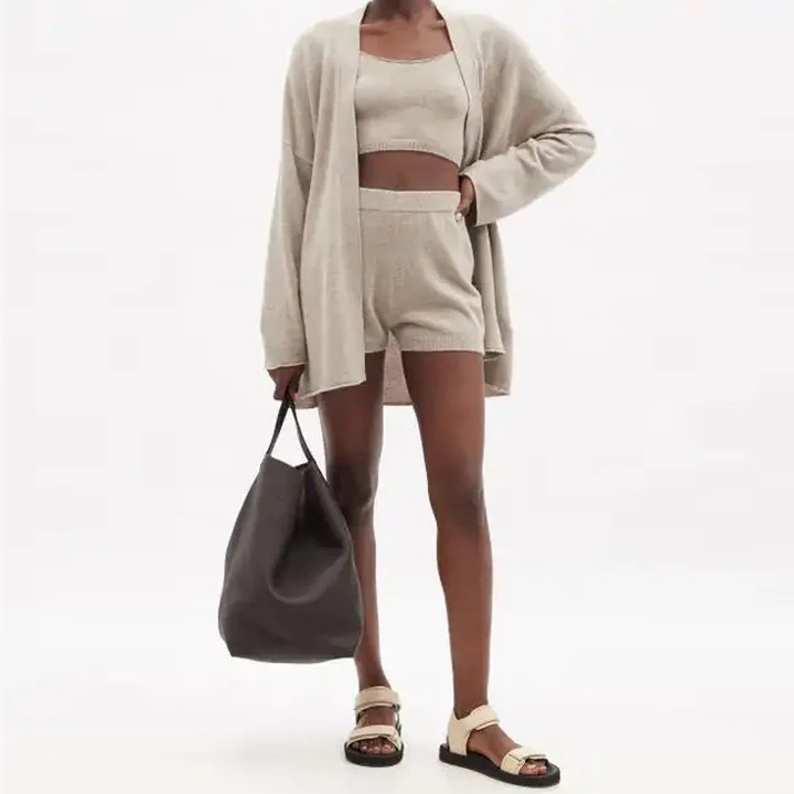 2022 Custom Autumn Winter Oversize Two 3 Piece Knitted  Cashmere Sweater 2 Set Cardigan Tank Shorts Set for Women