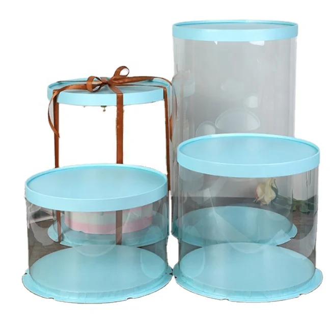 Food grade Pet Round Wedding Cake Boxes8'10'12' Pet Plastic Clear Gold Birthday Cake Box with ribbon
