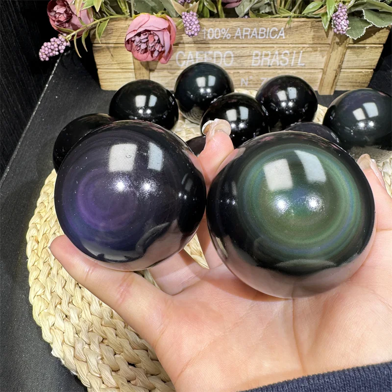 High quality natural crystal fengshui stone carving handmade ball rainbow obsidian sphere for gifts