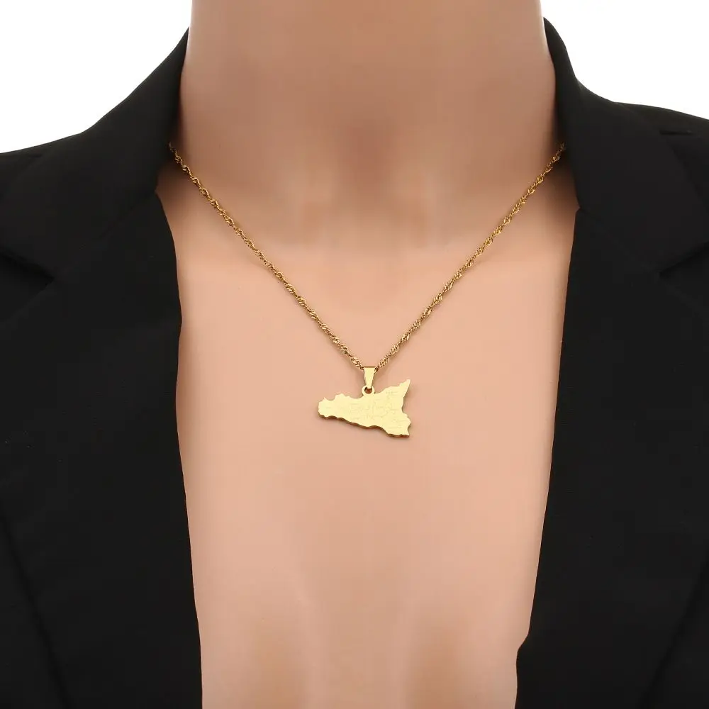 Sleek map necklace Fashion pendant Map of Sicily Italian necklace Stainless steel jewelry