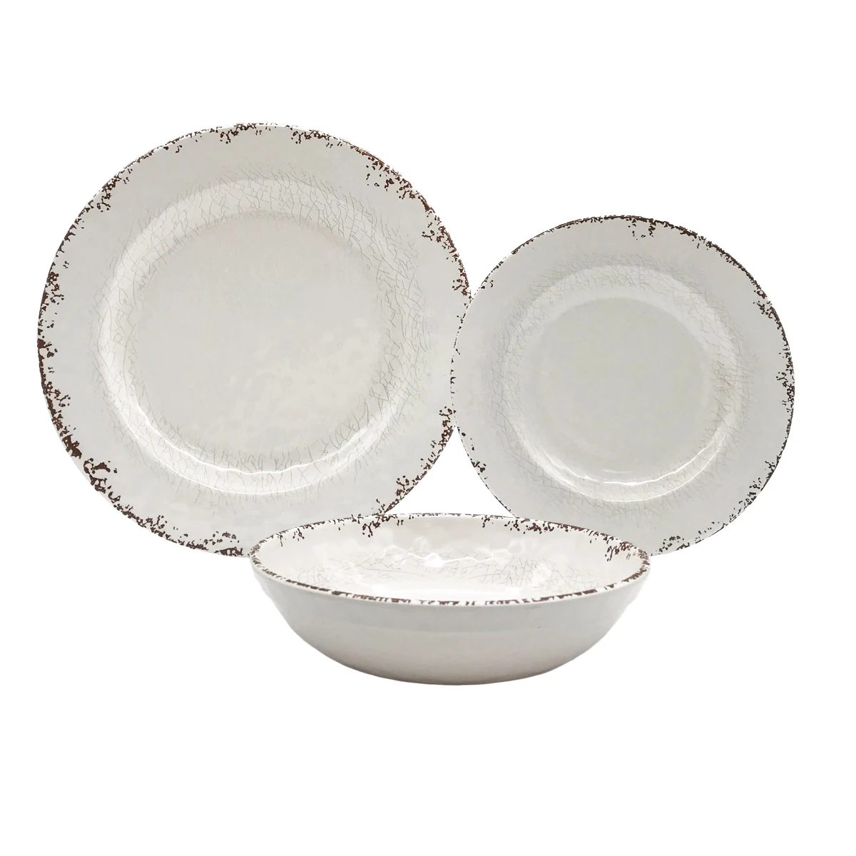 
wholesale EU food grade 16 pieces hard plastic reusable melamine cream rustic vintage round dinner plate bowl dinnerware set 