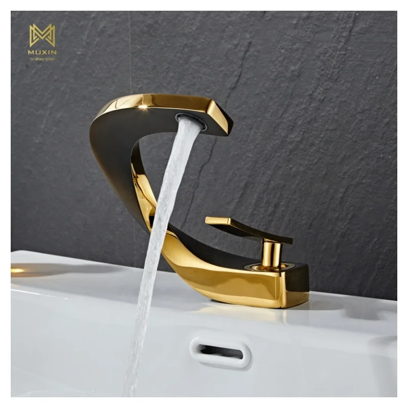 MUXIN New Design Hotel Luxury Black Golden Single Handle Bathroom Basin Faucet