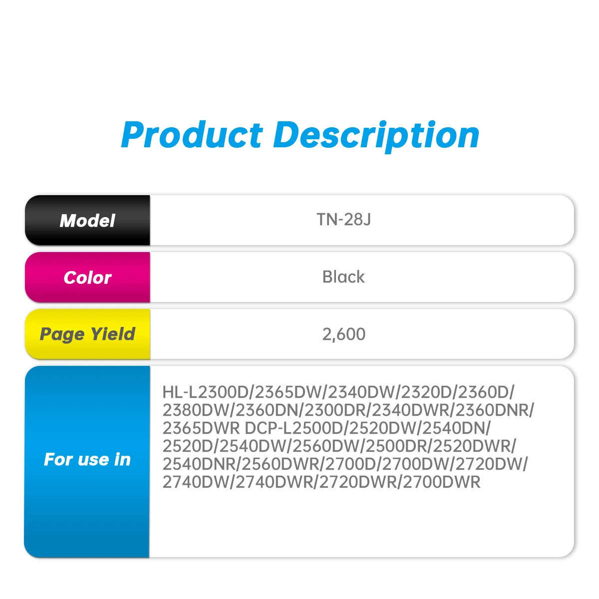 Compatible Brother Black Toner Cartridge TN28J TN630/2310/2315/2330/2340/2360 TN660/2320/2345/2350/2370/2380 for Brother Printer
