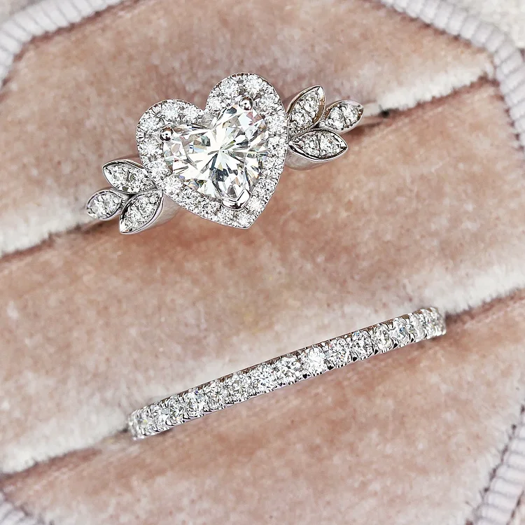 Romantic heart diamond 925 real silver women engagement white gold non tarnish wedding ring set