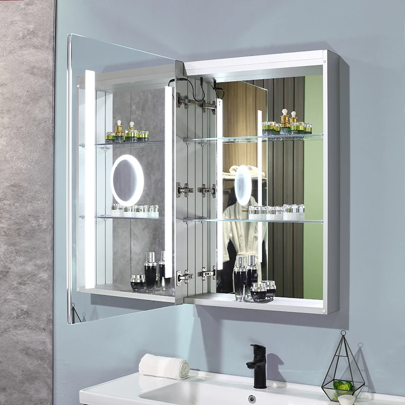 Storage Wall Lighted Bathroom Mirror Medicine Cabinet with Defogger and Interior Mirrors