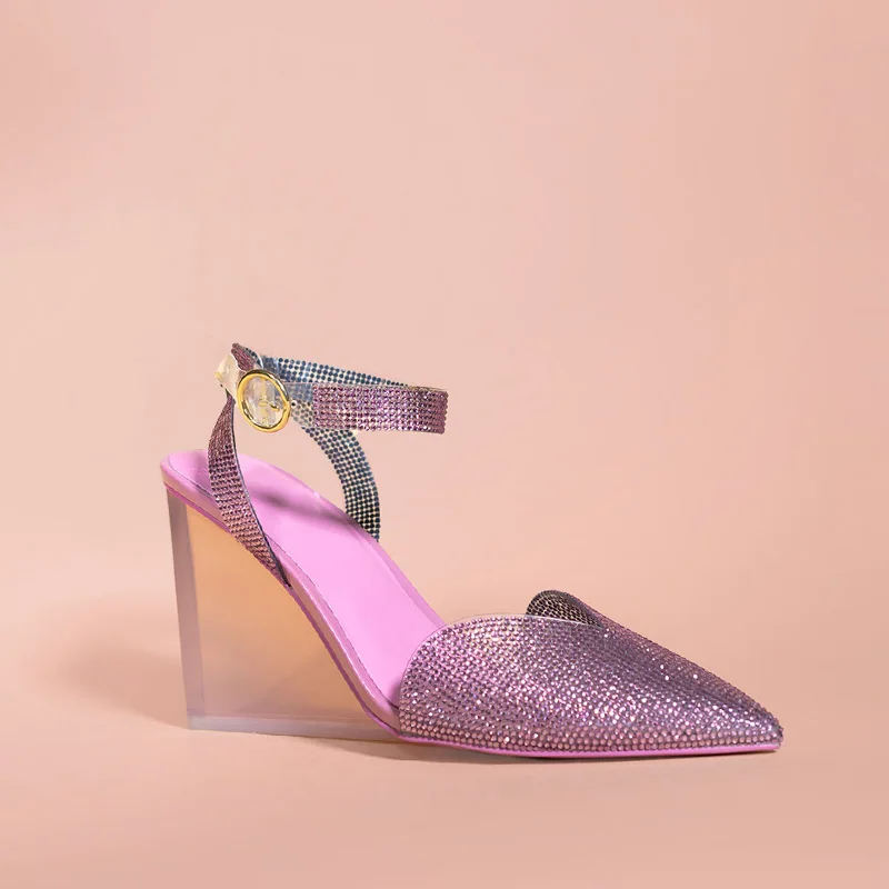 Custom Bling Bling Pumps Manufacturer Clear Wedges Platform Heels Glitter Party Pumps Custom Transparent Platform Wedges Heels