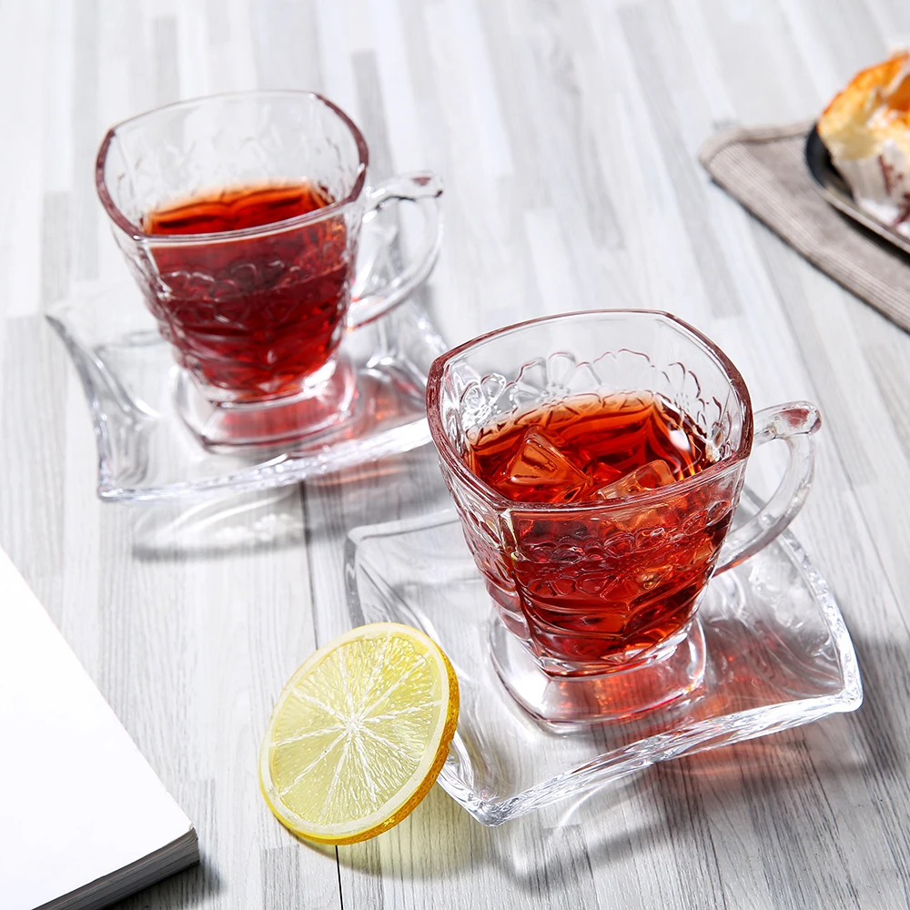 Simple Design Decorative Glass Cup Saucer Set With Pattern Handles Drinking Coffee Cup With Saucer