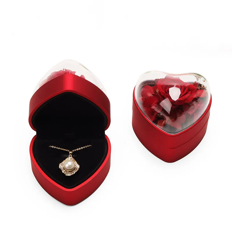 Luxurious Pendant Rose With Acrylic Gift Box Heart Shaped Double Ring Jewelry Packaging Box With Eternal Flower Decoration