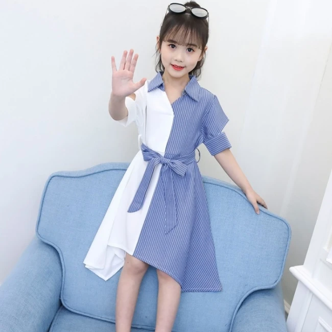 
SE7171 wholesale kids clothes fancy patchwork lace striped pattern colourful girls dress with belt 