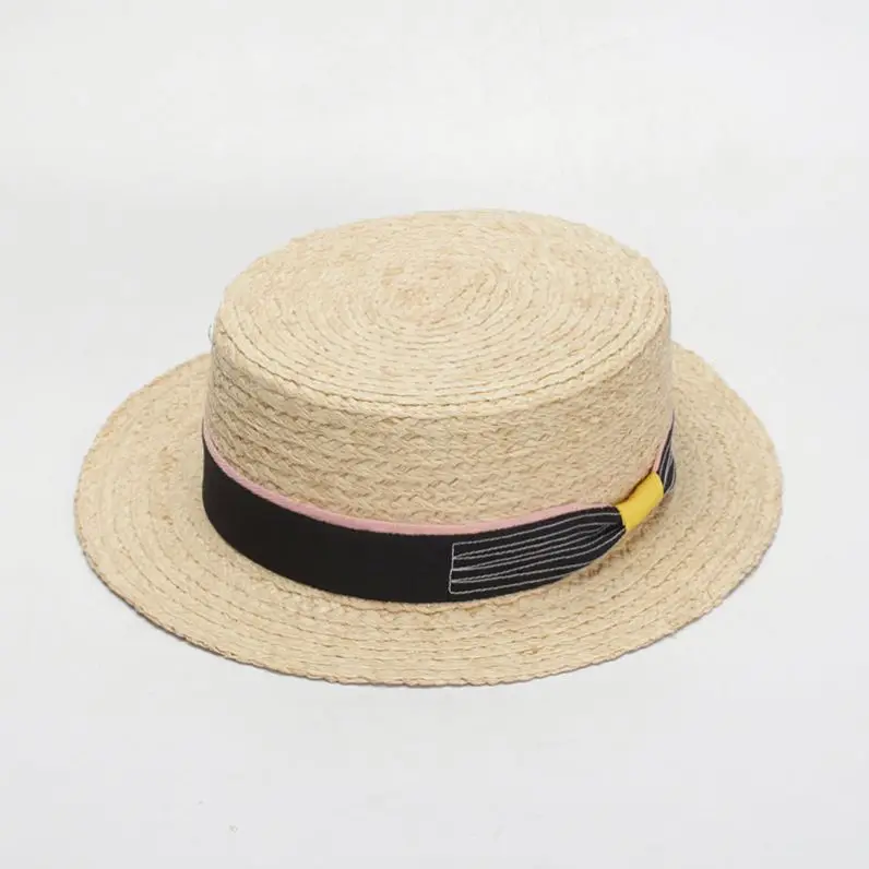 
Women Men Raffia Straw Boater Hats with hand stitching Bow 