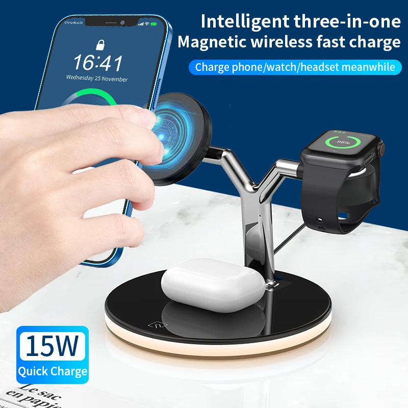 
Amazon Hot selling Magnetic Wireless Charger 7.5W 10W 15W 3 IN 1 Wireless Charging Stand For iPhone 12 Pro Samsung Fast Charger 