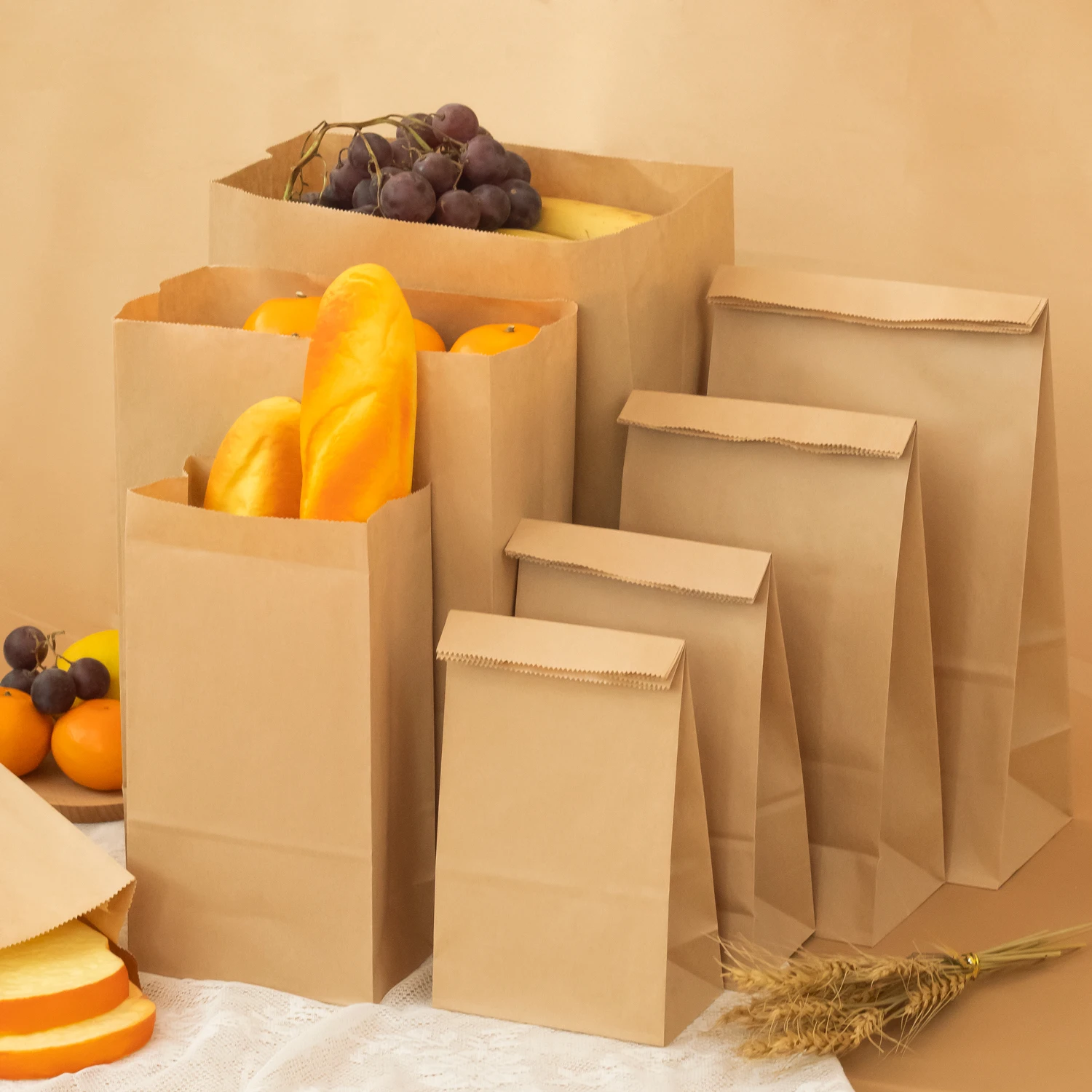 Custom Logo Printed Disposable Brown Kraft Paper Bag Food Take Out Shopping Gift Paper Bags With Handle