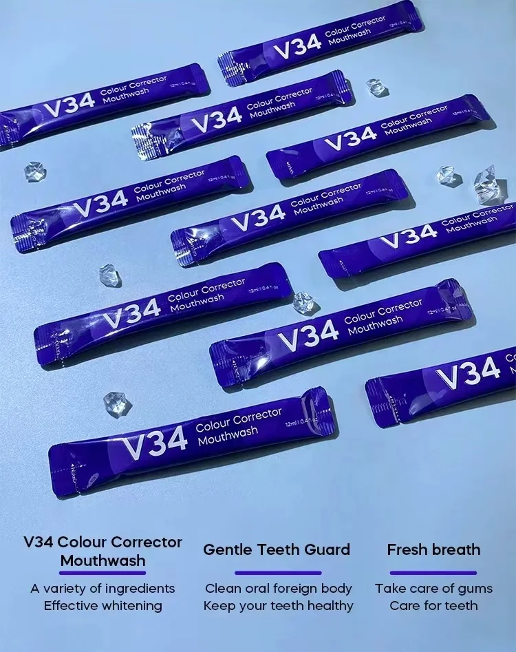 Wholesale Packet Portable Sample 12ml Mint Flavor Teeth Whitening Mouthwash Purple V34 Colour Corrector Mouthwash