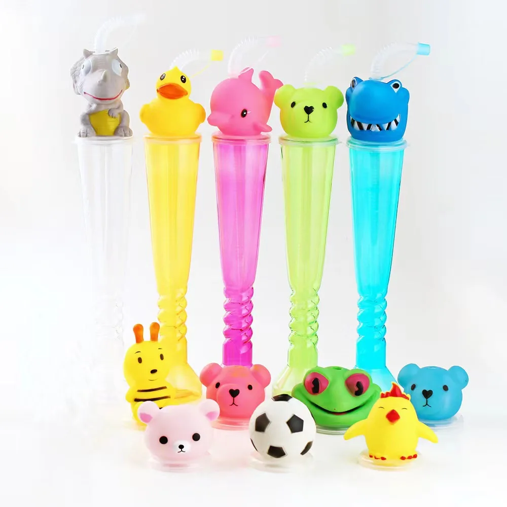 Hot Selling Personalized 500ml Dinosaur Shark Cartoon Clear PET Plastic Slush Yard Cup With Lid And Straw