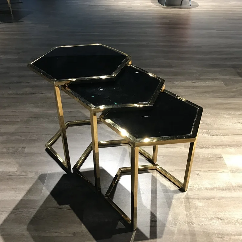 Contemporary Stackable Nesting Table Luxury Gold Stainless Steel Glass Coffee Table
